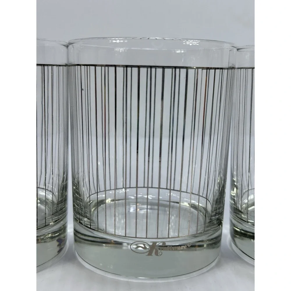 Vintage Kraftware Silver Pinstripe Pattern‎ Glasses Barware Bar Drink Ware
